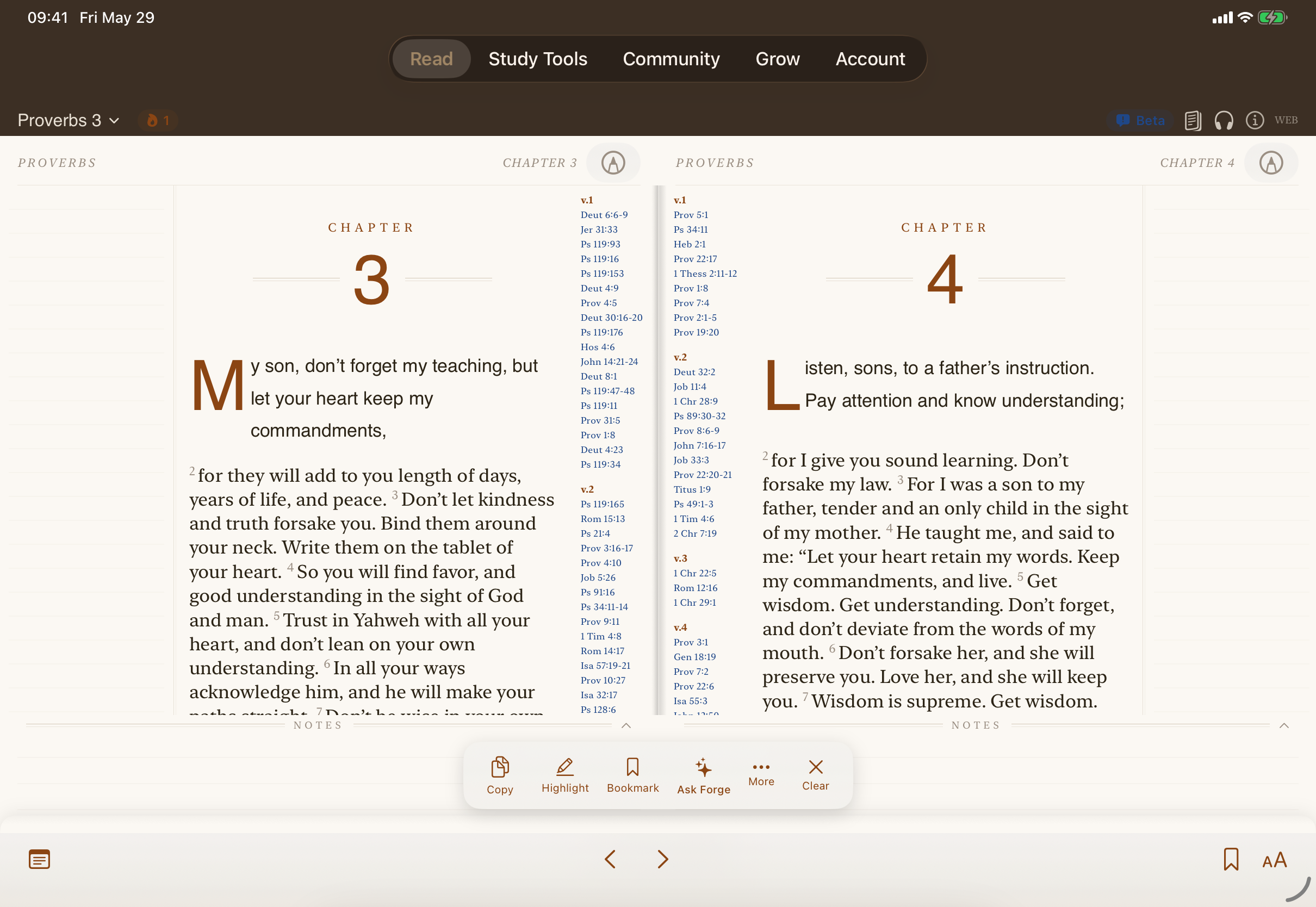 Forge Study Bible — iPad two-page reader spread